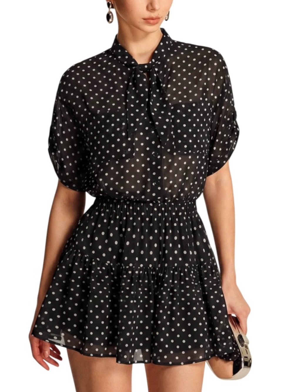 Commense Set Black White Polka Dot Sheer Shirt  Blouse Mini Skirt Small NWT